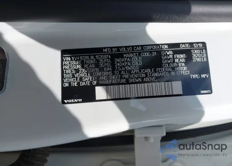 2020 Volvo Xc60 T5 Inscription z USA, uszkodzony, nr VIN YV4102RL8L1535974